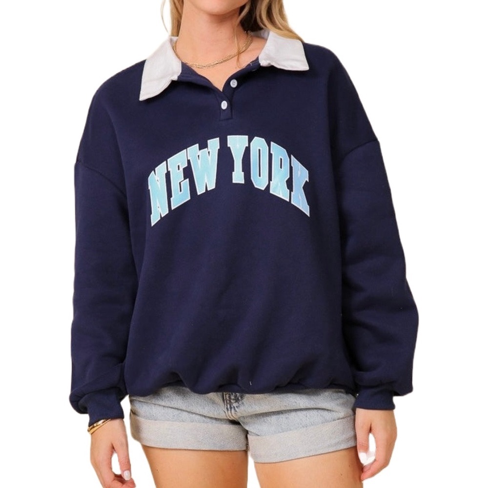 Romwe New York Graphic Navy Polo Collar Pullover Sweater Women’s Size Medium